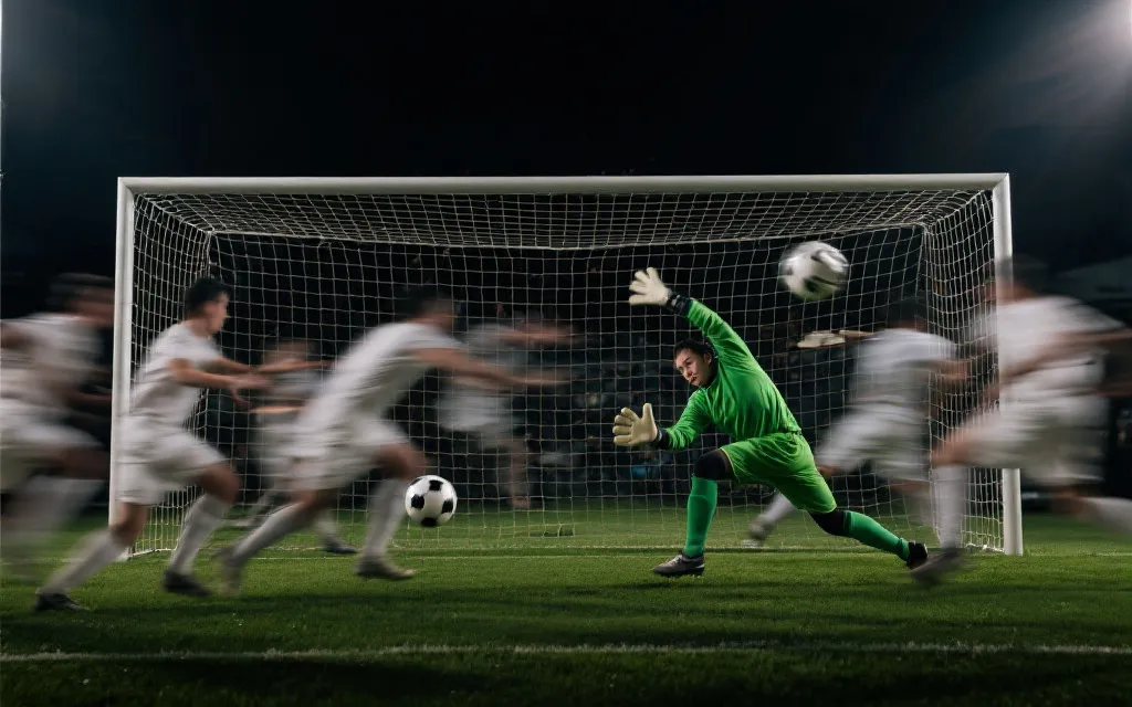 门将面对禁区二点球混战的动作序列示意，强调回弹控制与二次启动