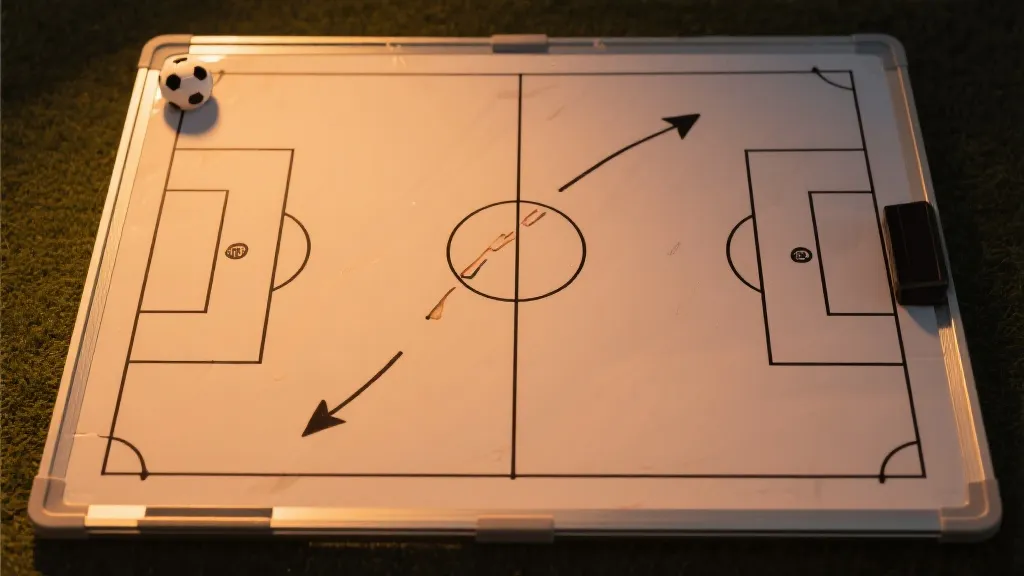 战术板上标注防守反击与定位球路线的示意