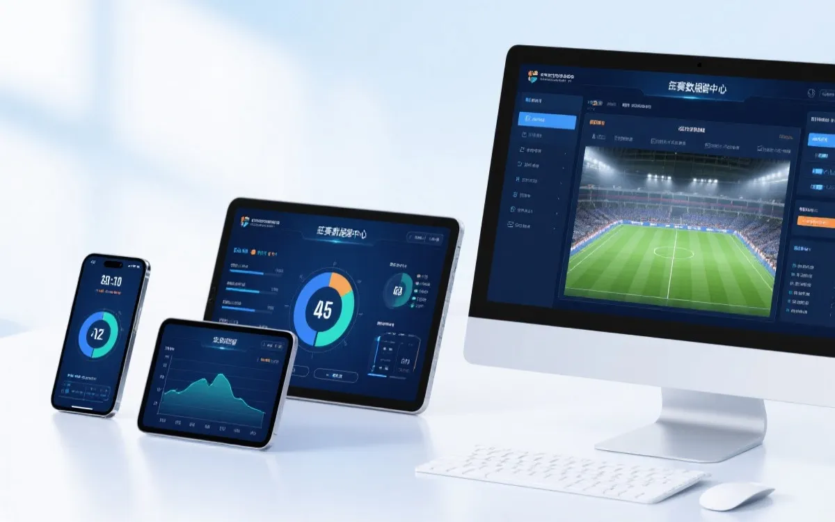 多终端世界杯数据中心概念图：手机即时看分、平板交互分析、桌面赛后复盘