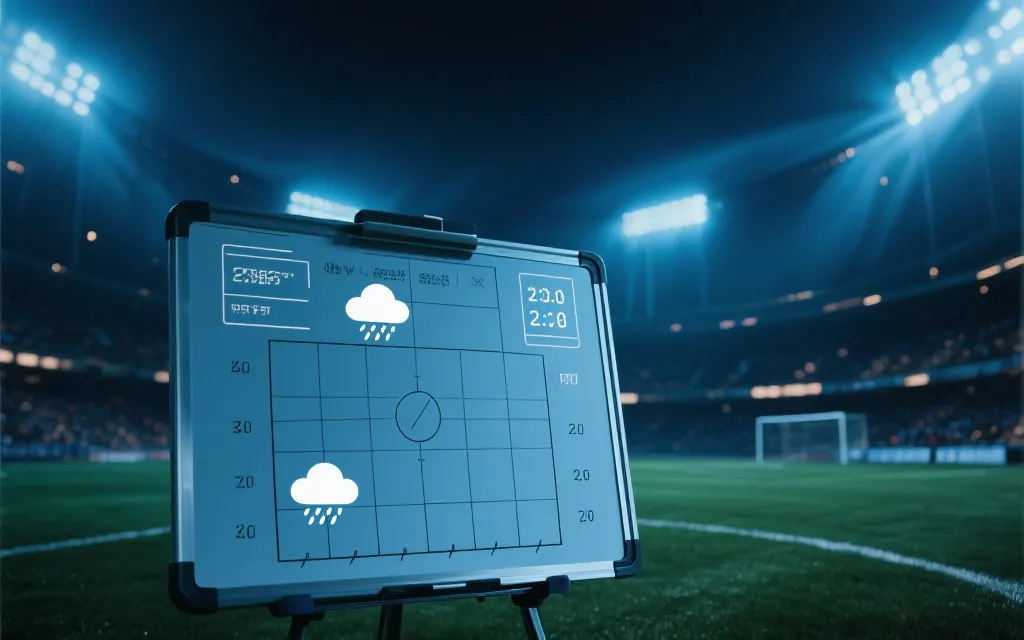 夜间球场的战术板与天气图标叠加展示，体现用边缘信息推演比分